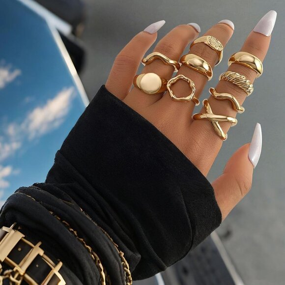Women Gold Ring Set Chunky Adjustable Knuckle Finger Stackable Statement Jewelry - Picture 4 of 7